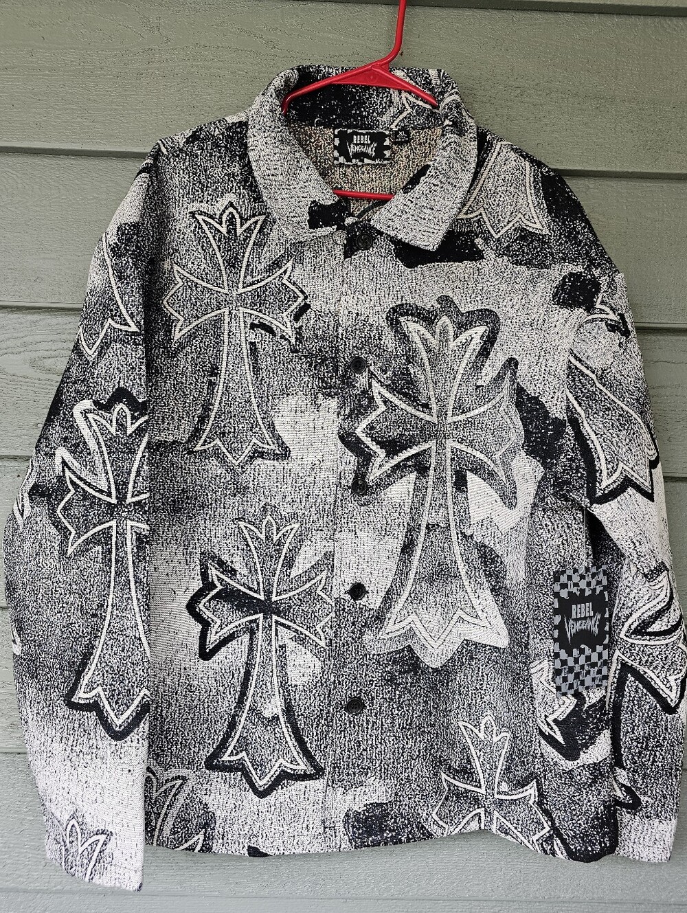 Rebels Vengeance Black/White Cross Motif Tapestry Button-Up Shirt Jacket Size XL